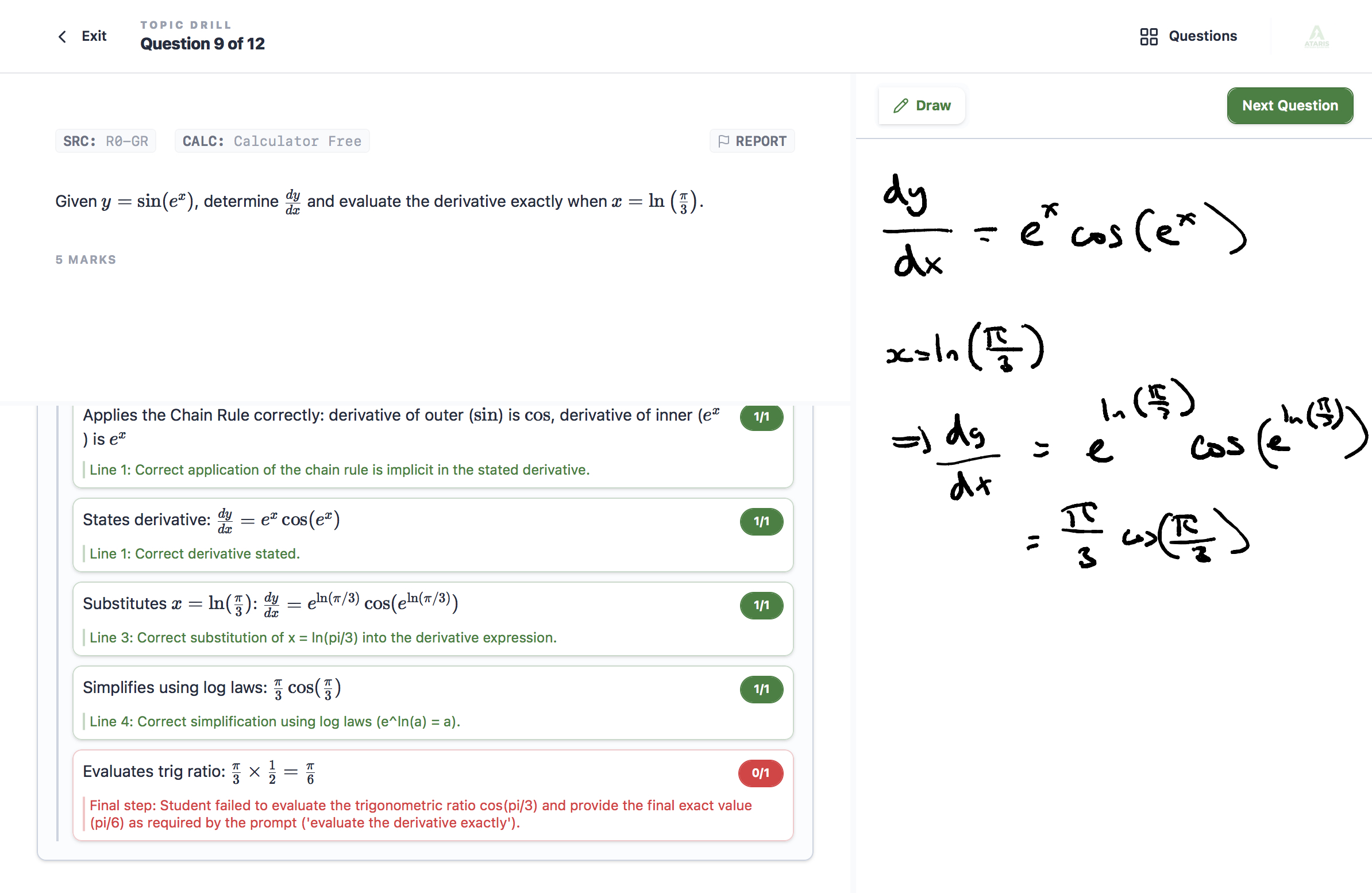 ATARIS Practice Interface showing a calculus question with handwritten solutions and AI marking feedback