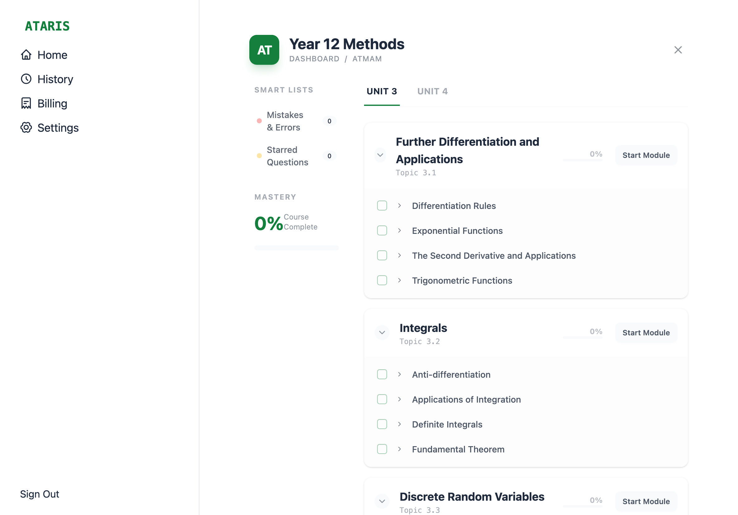 ATARIS topic selector showing Year 12 Methods curriculum with progress tracking